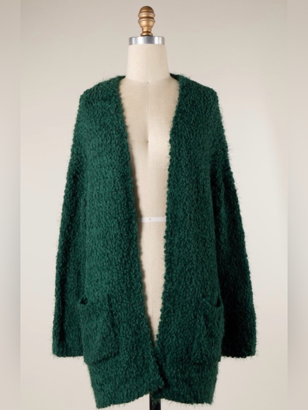 Cozy Popcorn Open-Front Forest Green Cardigan Sweater